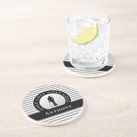 Dessous De Verre En Grès Personnalisé Golfer Monogramme Nom Gris Noir Pour  (Côté)