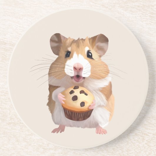 Dessous De Verre En Grès Petit Hamster Cute Tenant Un Muffin (Devant)