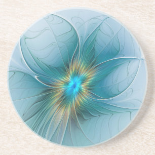 Dessous De Verre En Grès Petite Beauté Moderne Fleur d'Art Fractal Bleu Or