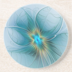 Dessous De Verre En Grès Petite Beauté Moderne Fleur d'Art Fractal Bleu Or