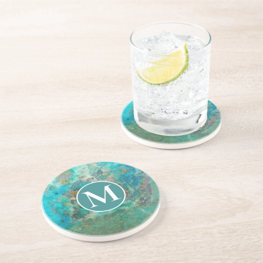 Dessous De Verre En Grès Pierre minérale bleu Chrysocolla avec monogramme (Côté)