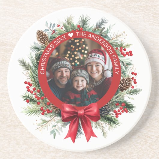 Dessous De Verre En Grès Pine de couronne de Noël Feuilles Holly Berries Ph (Devant)