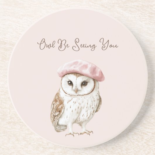 Dessous De Verre En Grès Pink Beret Brown White Owl Be Seeing You (Devant)