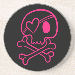 Dessous De Verre En Grès Pink Heart Skull and Crossbones