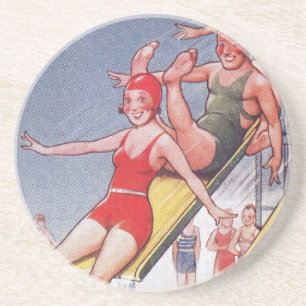 Dessous De Verre En Grès Piscine Fête Nage Vintage Été