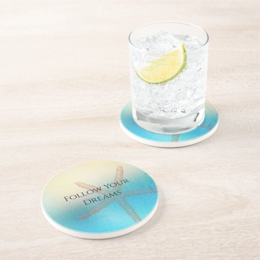 Dessous De Verre En Grès Plage d'étoile de mer bleu aqua blanc turquoise (Côté)