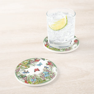 Dessous De Verre En Grès Plantes tropicales Papillons Baies Rouge Bleu     