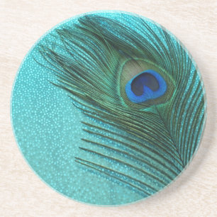 Dessous De Verre En Grès Plume bleue de paon d'Aqua métallique