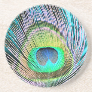 Dessous De Verre En Grès Plume de paon sur Turquoise