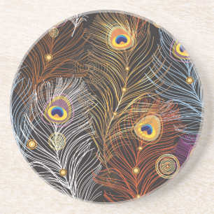 Dessous De Verre En Grès Plumes de paon doré : motif foncé.
