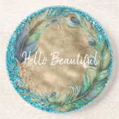 Dessous De Verre En Grès Plumes de paon Parties scintillant bleu turquoise (Devant)