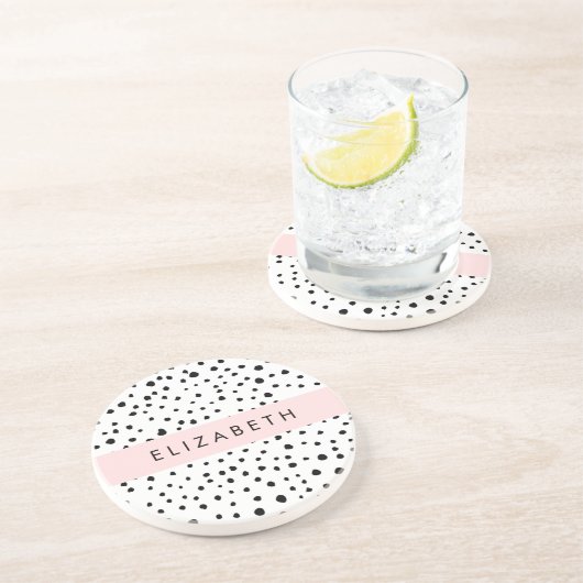 Dessous De Verre En Grès Points dalmatiens, Spots, Noir et Blanc, Votre nom (Côté)