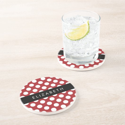Dessous De Verre En Grès Pois Rouges, Motif Polka Dot, Votre Nom (Côté)