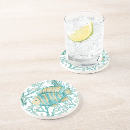 Dessous De Verre En Grès Poisson aquarelle rayé sarcelle (Côté)