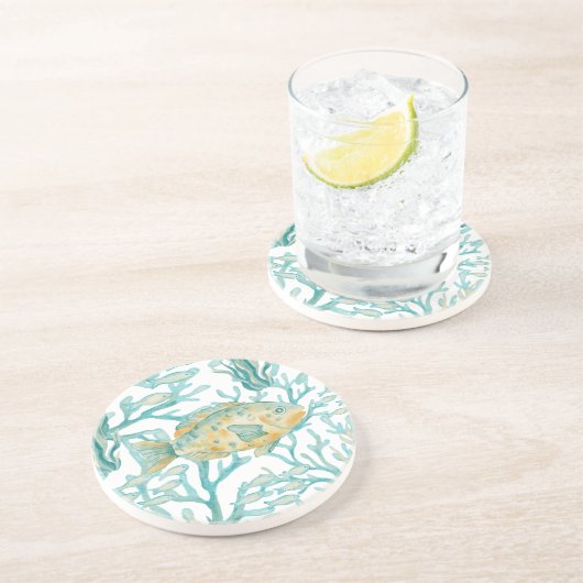 Dessous De Verre En Grès Poisson aquarelle sarcelle or (Côté)