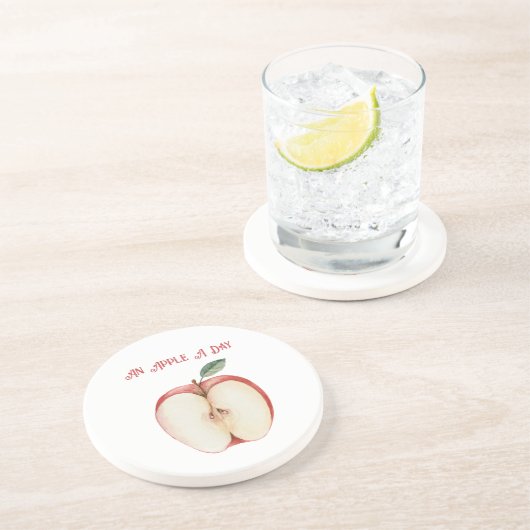 Dessous De Verre En Grès Pomme Feuille Verte Fruit (Côté)