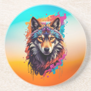 Dessous De Verre En Grès Portrait de Loup Coloré Art Animalier Abstrait-876