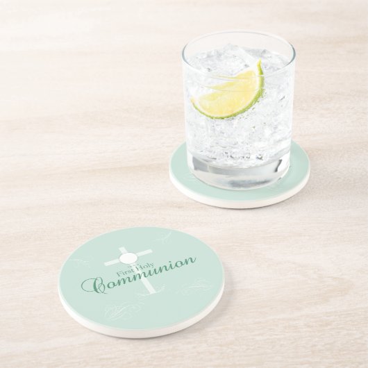 Dessous De Verre En Grès Première communion, écriture en vert clair (Côté)