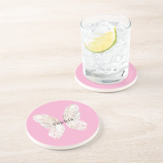 Dessous De Verre En Grès Pretty Girly Pink Butterfly Wings   (Côté)