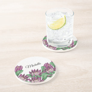 Dessous De Verre En Grès Protéa roi aquarelle violette peinte à la main
