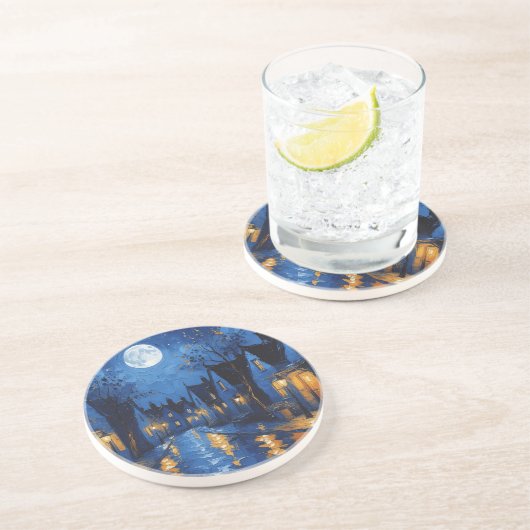 Dessous De Verre En Grès Pueblo de noche con luces y faroles (Côté)