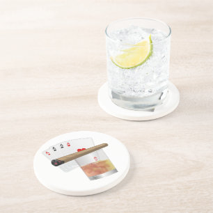 Dessous De Verre En Grès Quatre As, Un Verre et Un Cigar