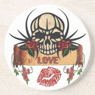 Dessous De Verre En Grès RAB Rockabilly Crâne Roses Love Lipstick