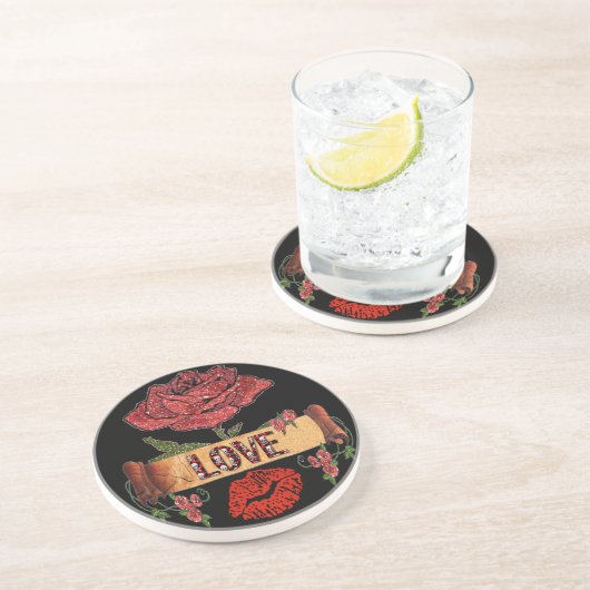 Dessous De Verre En Grès RAB Rockabilly Roses, Love & Lipstick (Côté)