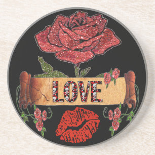 Dessous De Verre En Grès RAB Rockabilly Saint-Valentin Roses, Amour & Rouge