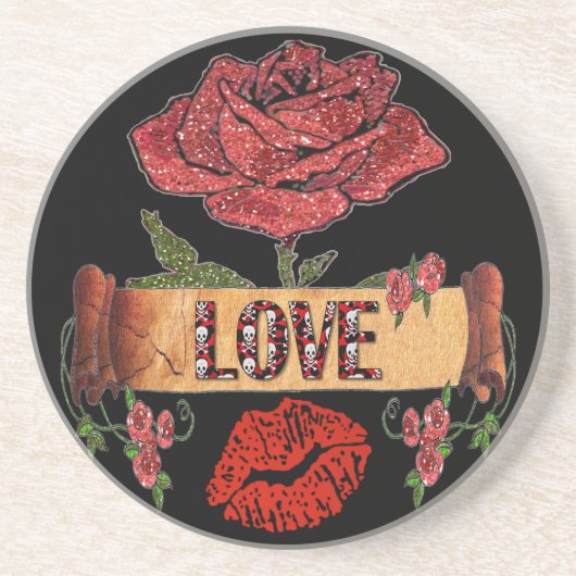 Dessous De Verre En Grès RAB Rockabilly Saint-Valentin Roses, Amour & Rouge (Devant)
