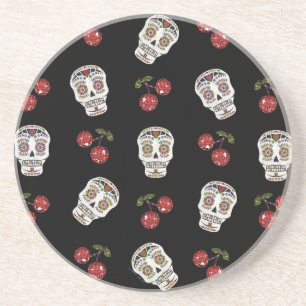 Dessous De Verre En Grès RAB Rockabilly Sugar Skulls Cerises Sur Fond Noir