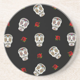 Dessous De Verre En Grès RAB Rockabilly Sugar Skulls Roses sur fond noir