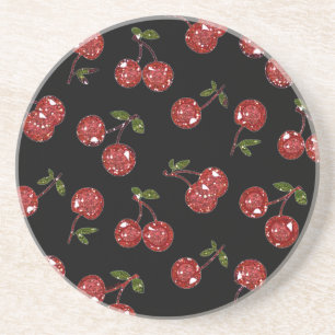 Dessous De Verre En Grès RAB Rockabilly Très Cerises Cerises Sur Fond Noir