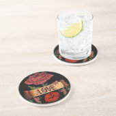 Dessous De Verre En Grès RAB Rockabilly Valentine Roses, Love & Lipstick (Côté)