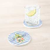 Dessous De Verre En Grès Rayures Blanches Bleues Fleur Tropicale Ananas (Côté)
