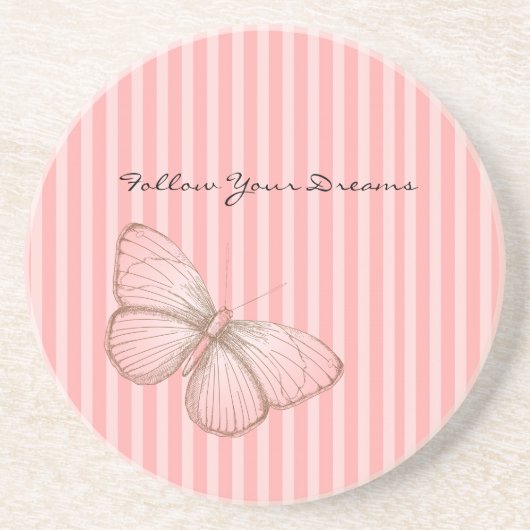 Dessous De Verre En Grès Rayures roses avec papillon (Devant)