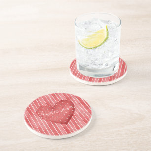 Dessous De Verre En Grès Rayures Rouges et Blanches Cœurs à Points