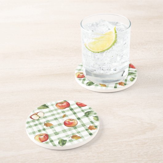 Dessous De Verre En Grès Rayures Vertes Pommes Rouges (Côté)