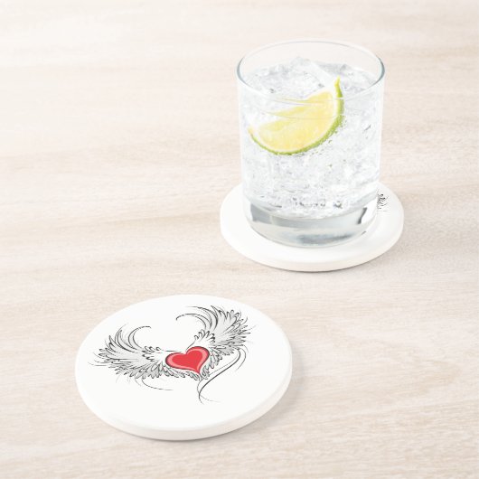 Dessous De Verre En Grès Red Angel Coeur avec ailes (Côté)