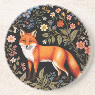 Dessous De Verre En Grès Renard Élégant Fleur Florale Noir