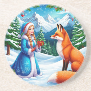 Dessous De Verre En Grès Renard et jeune fille des neiges dans une scène de