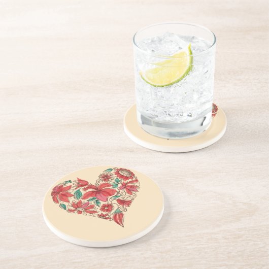 Dessous De Verre En Grès Rétro coeur de symbole d'amour de fleurs (Côté)