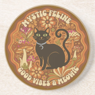 Dessous De Verre En Grès Rétro Félin Mystique Groovy Chat Noir & Champignon