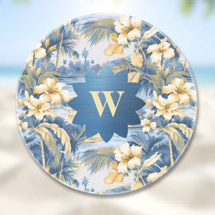 Dessous De Verre En Grès Rétro Jaune Bleu Floral et Palmiers Tropicaux Init