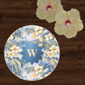 Dessous De Verre En Grès Retro Yellow Blue Floral n Tropical Palms Initial 