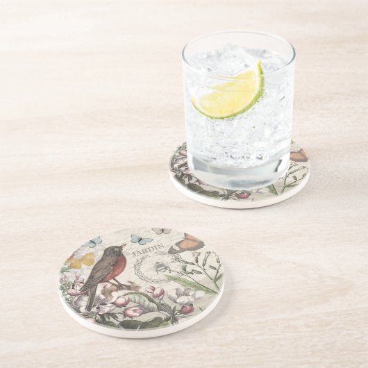 Dessous De Verre En Grès Robin Elegant Bird Butterfly French Art (Côté)