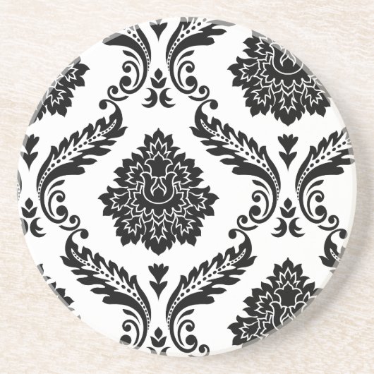 Dessous De Verre En Grès Rococo Damassé Motif Décalé Noir sur Blanc (Devant)