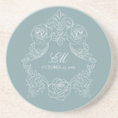 Dessous De Verre En Grès Rococo Dusty Blue Mariage Logo Crest (Devant)