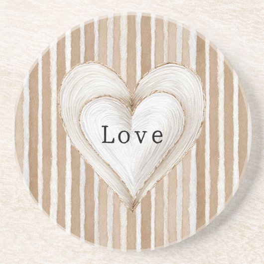Dessous De Verre En Grès Romantic Cream Heart Brown Stripes Love (Devant)