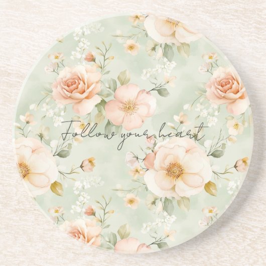 Dessous De Verre En Grès Romantic Peach Mint Roses Floral (Devant)